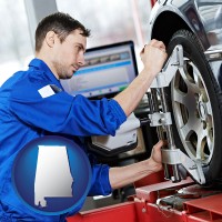 al map icon and a mechanic adjusting a wheel alignment machine clamp