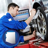 az map icon and a mechanic adjusting a wheel alignment machine clamp