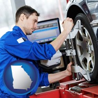 ga map icon and a mechanic adjusting a wheel alignment machine clamp