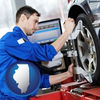 il map icon and a mechanic adjusting a wheel alignment machine clamp