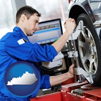 ky map icon and a mechanic adjusting a wheel alignment machine clamp