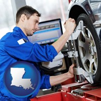 la map icon and a mechanic adjusting a wheel alignment machine clamp