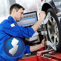 new-jersey map icon and a mechanic adjusting a wheel alignment machine clamp