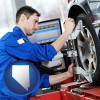 nv map icon and a mechanic adjusting a wheel alignment machine clamp