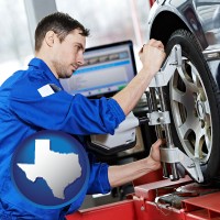 texas map icon and a mechanic adjusting a wheel alignment machine clamp
