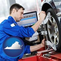 va map icon and a mechanic adjusting a wheel alignment machine clamp