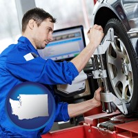 wa map icon and a mechanic adjusting a wheel alignment machine clamp