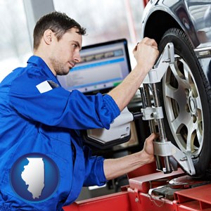 a mechanic adjusting a wheel alignment machine clamp - with Illinois icon