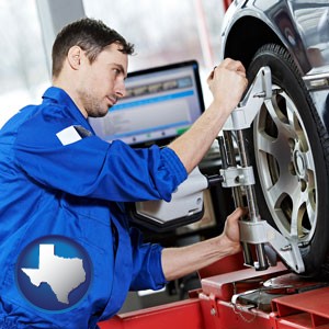 a mechanic adjusting a wheel alignment machine clamp - with Texas icon